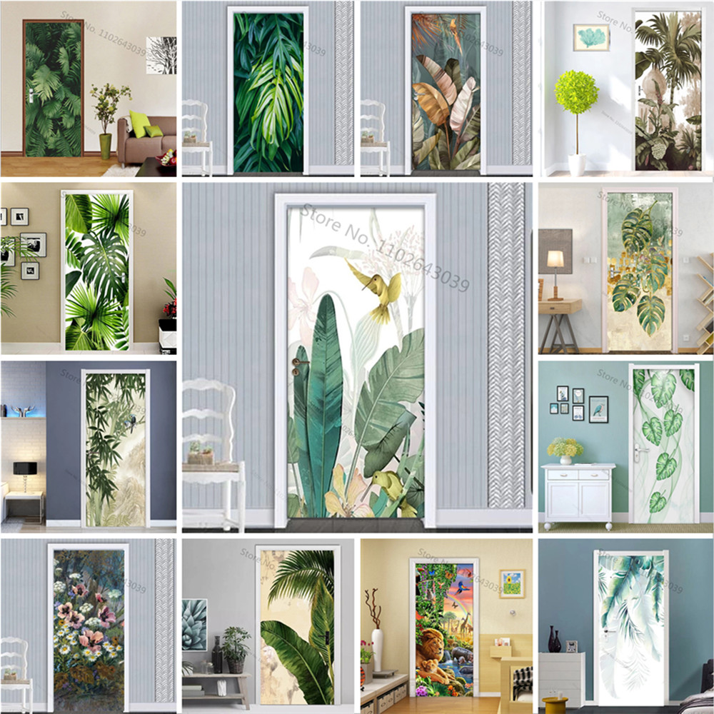 Interior Design Home - Auto-adesivo verde folhas porta adesivo, Pássaros